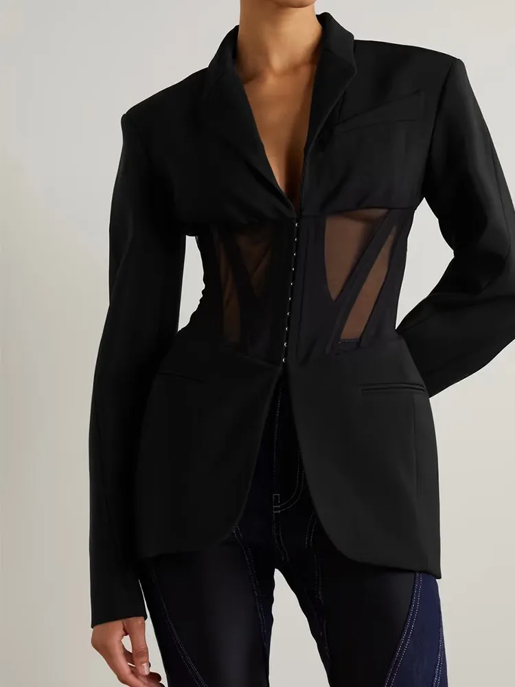 TWOTWINSTYLE Solid Spliced Sheer Mesh Blazers For Women Notched Collar Long Sleeve Tunic Patchwork Botton Blazer Female Fashion