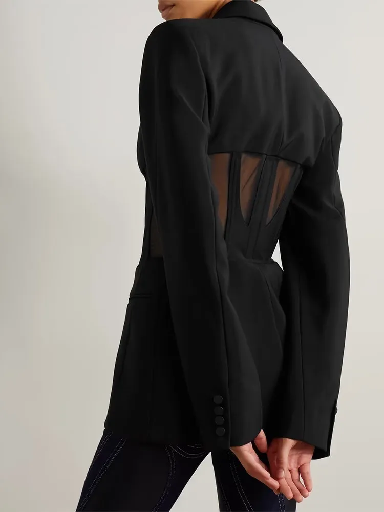 TWOTWINSTYLE Solid Spliced Sheer Mesh Blazers For Women Notched Collar Long Sleeve Tunic Patchwork Botton Blazer Female Fashion
