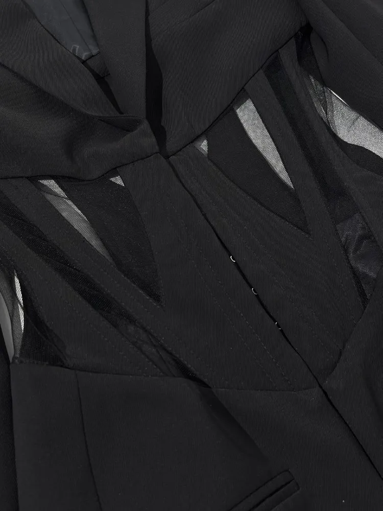 TWOTWINSTYLE Solid Spliced Sheer Mesh Blazers For Women Notched Collar Long Sleeve Tunic Patchwork Botton Blazer Female Fashion