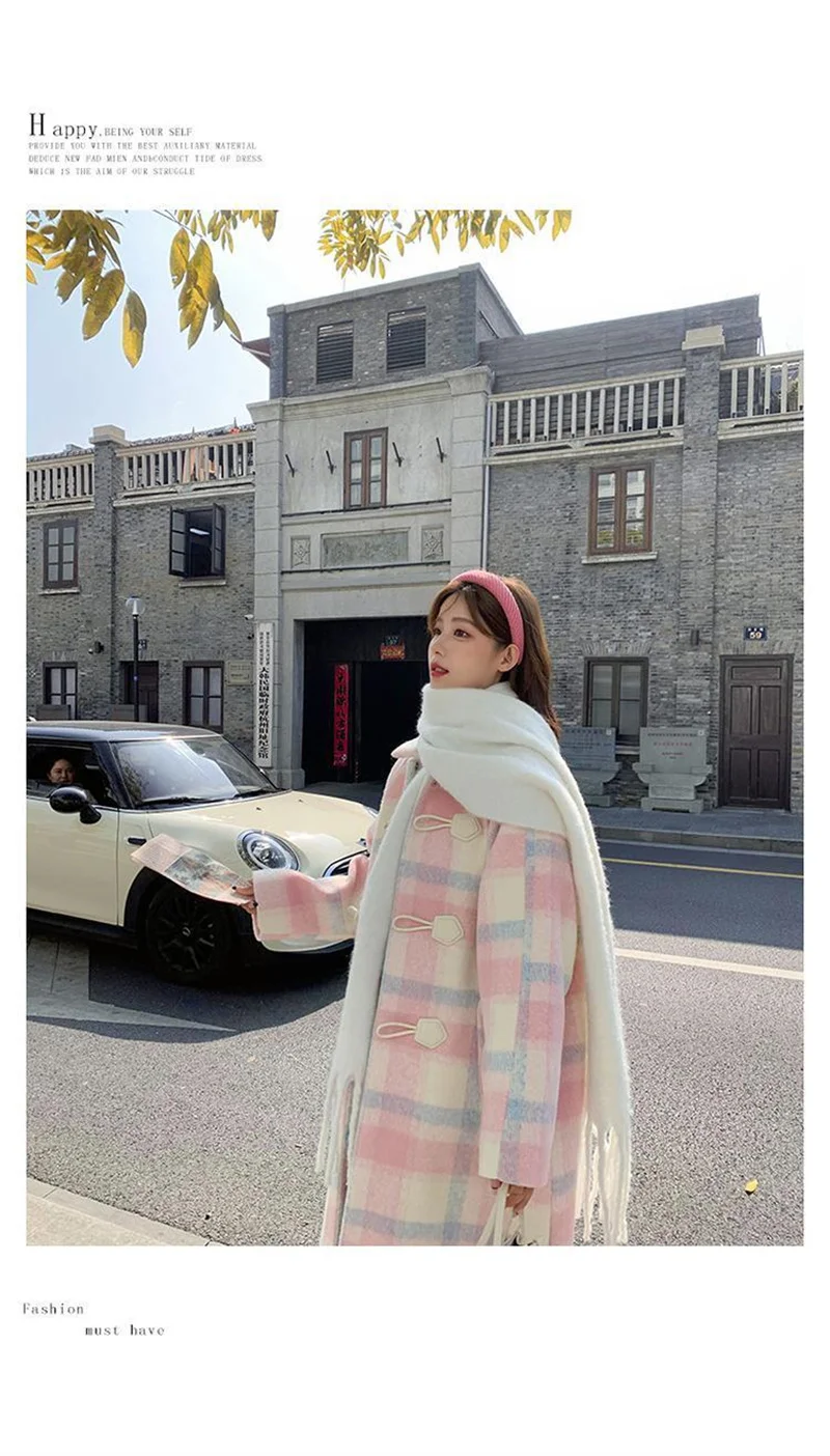 2023 Autumn and Winter New Loose Pink Cowhorn Button Woolen Coat Women's New Fat Sister Sweet Little Man Woolen Coat Commuter V1