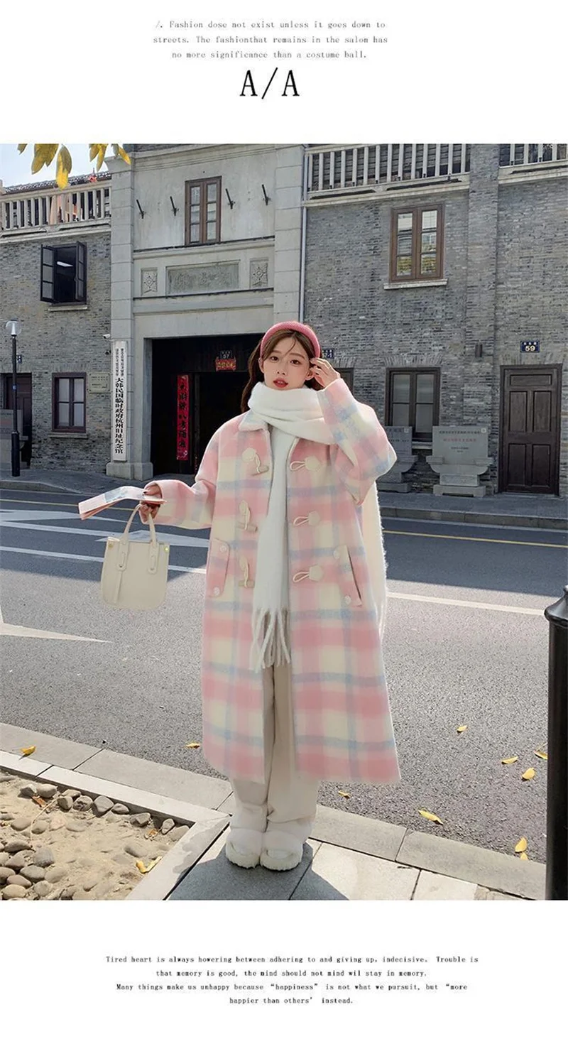2023 Autumn and Winter New Loose Pink Cowhorn Button Woolen Coat Women's New Fat Sister Sweet Little Man Woolen Coat Commuter V1
