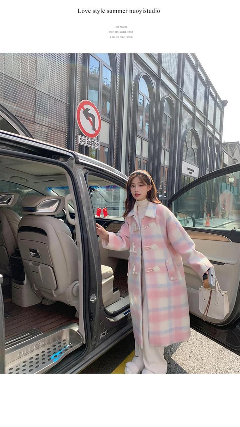 2023 Autumn and Winter New Loose Pink Cowhorn Button Woolen Coat Women's New Fat Sister Sweet Little Man Woolen Coat Commuter V1