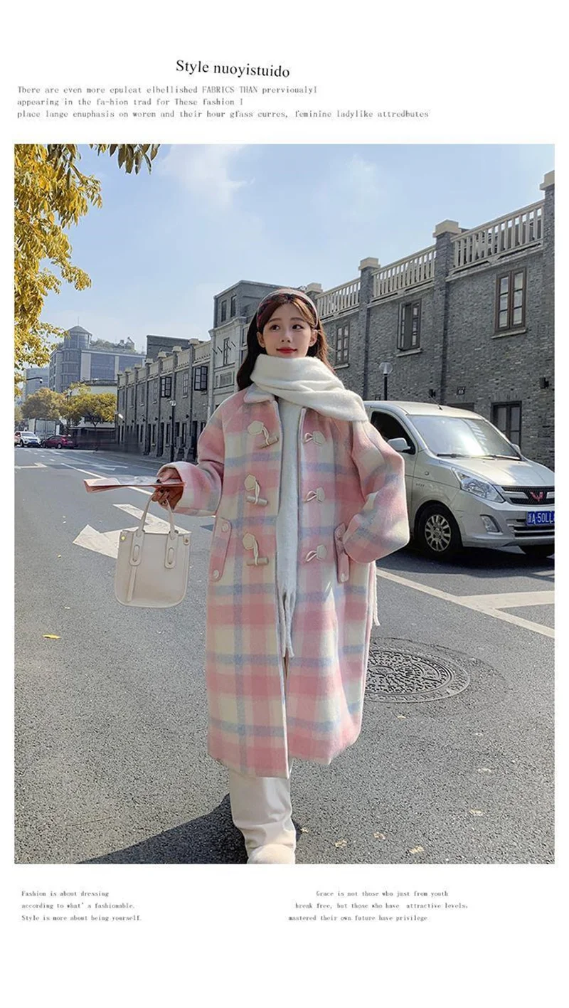 2023 Autumn and Winter New Loose Pink Cowhorn Button Woolen Coat Women's New Fat Sister Sweet Little Man Woolen Coat Commuter V1
