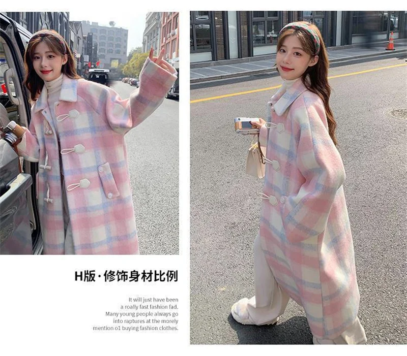 2023 Autumn and Winter New Loose Pink Cowhorn Button Woolen Coat Women's New Fat Sister Sweet Little Man Woolen Coat Commuter V1