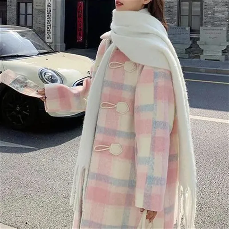 2023 Autumn and Winter New Loose Pink Cowhorn Button Woolen Coat Women's New Fat Sister Sweet Little Man Woolen Coat Commuter V1