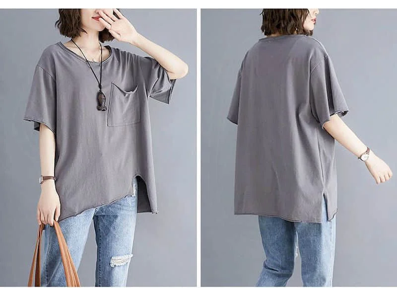 2026 Summer New T Shirt Women Korean Style Large Size Loose Solid Color Pocket T-shirt Thin All-match Irregular Short Sleeve Top