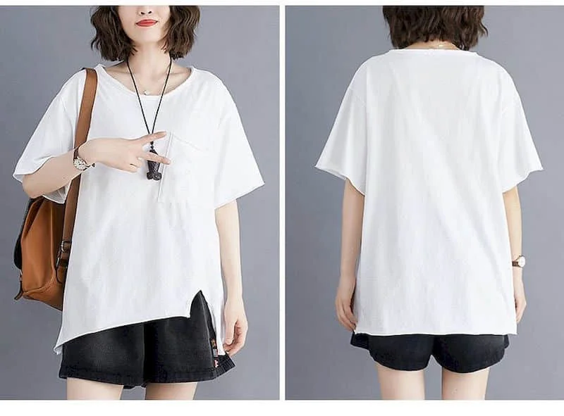 2026 Summer New T Shirt Women Korean Style Large Size Loose Solid Color Pocket T-shirt Thin All-match Irregular Short Sleeve Top