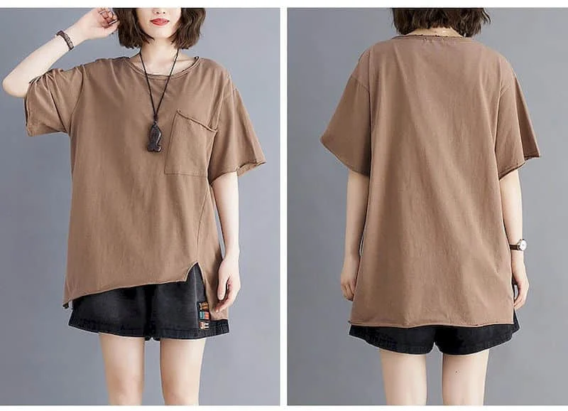 2026 Summer New T Shirt Women Korean Style Large Size Loose Solid Color Pocket T-shirt Thin All-match Irregular Short Sleeve Top