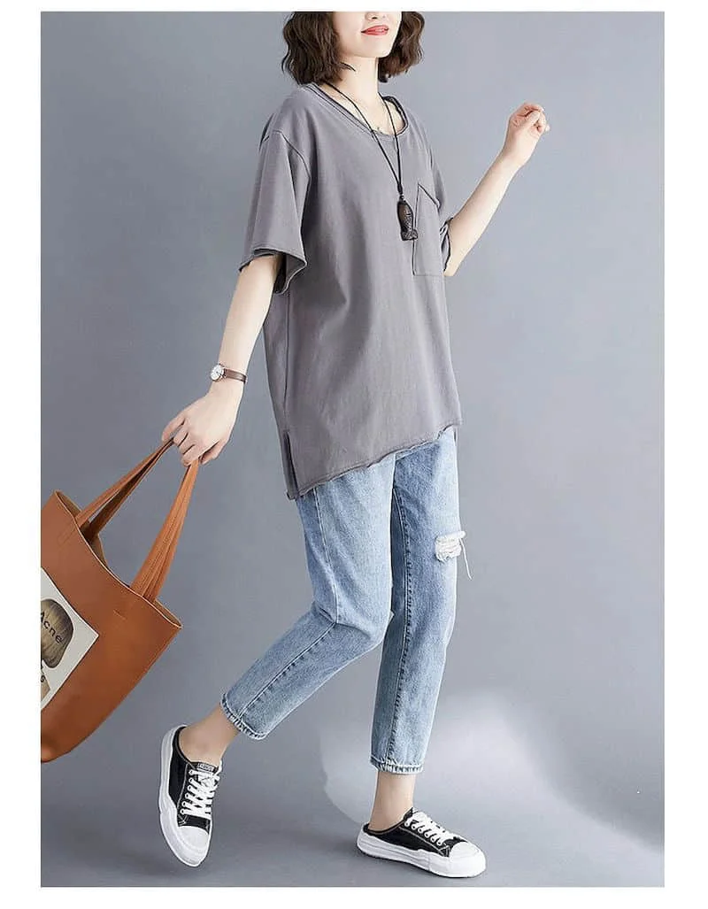 2026 Summer New T Shirt Women Korean Style Large Size Loose Solid Color Pocket T-shirt Thin All-match Irregular Short Sleeve Top