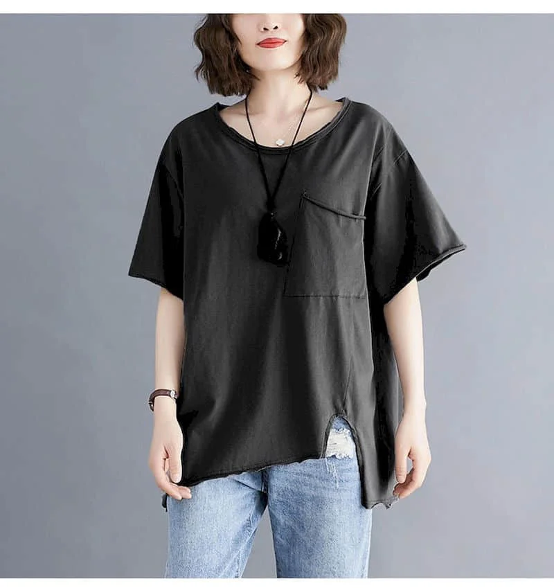 2026 Summer New T Shirt Women Korean Style Large Size Loose Solid Color Pocket T-shirt Thin All-match Irregular Short Sleeve Top