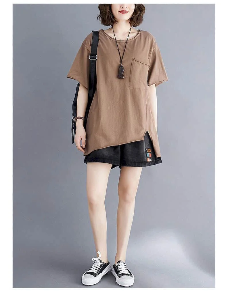 2026 Summer New T Shirt Women Korean Style Large Size Loose Solid Color Pocket T-shirt Thin All-match Irregular Short Sleeve Top
