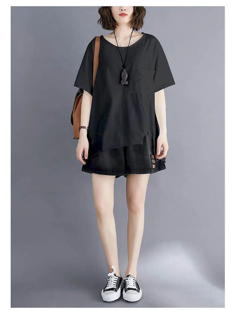 2026 Summer New T Shirt Women Korean Style Large Size Loose Solid Color Pocket T-shirt Thin All-match Irregular Short Sleeve Top