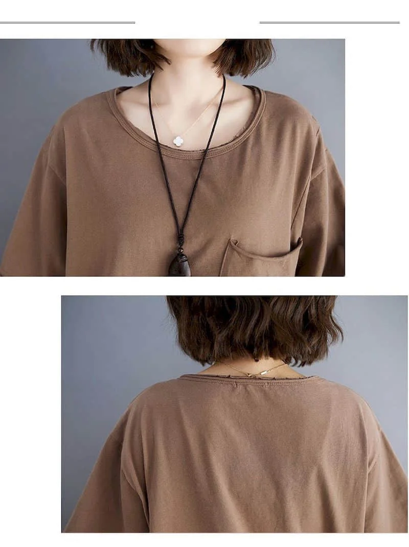 2026 Summer New T Shirt Women Korean Style Large Size Loose Solid Color Pocket T-shirt Thin All-match Irregular Short Sleeve Top