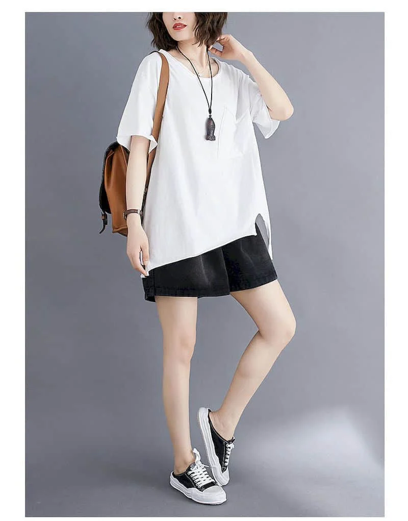2026 Summer New T Shirt Women Korean Style Large Size Loose Solid Color Pocket T-shirt Thin All-match Irregular Short Sleeve Top