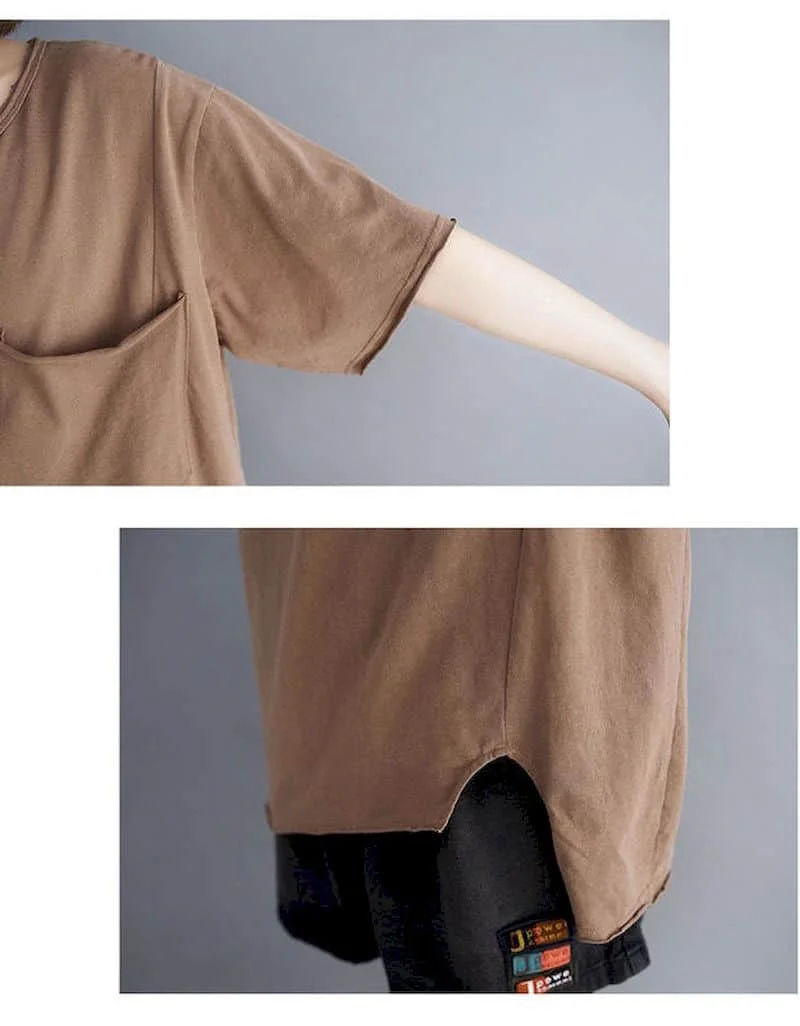 2026 Summer New T Shirt Women Korean Style Large Size Loose Solid Color Pocket T-shirt Thin All-match Irregular Short Sleeve Top