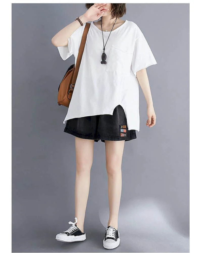 2026 Summer New T Shirt Women Korean Style Large Size Loose Solid Color Pocket T-shirt Thin All-match Irregular Short Sleeve Top