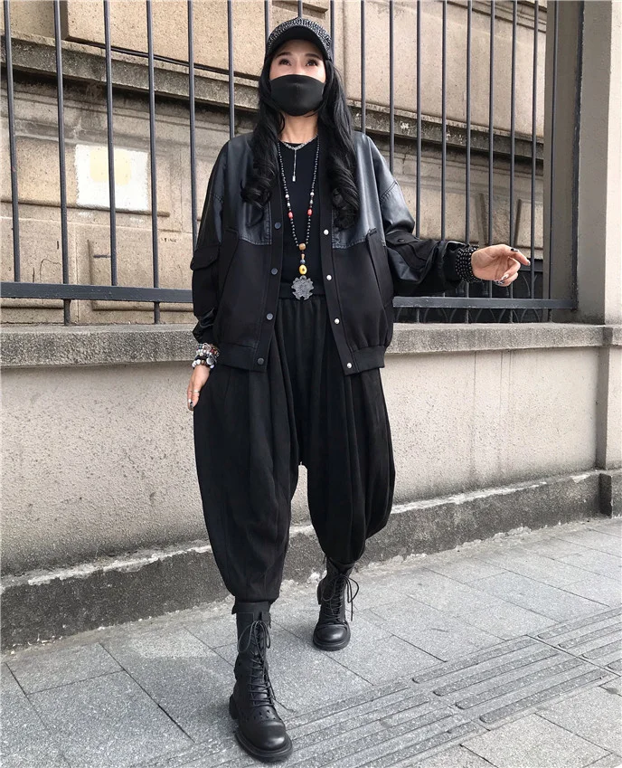 Amax luluE 2024 Spring Women Fashion Loose Vintage Faux Leather Cotton Jackets Ladies Luxury Punk Pu Coats Black Biker Outerwear