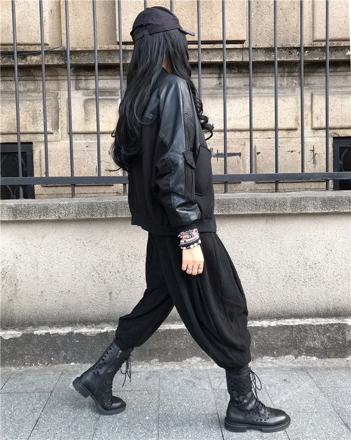 Amax luluE 2024 Spring Women Fashion Loose Vintage Faux Leather Cotton Jackets Ladies Luxury Punk Pu Coats Black Biker Outerwear