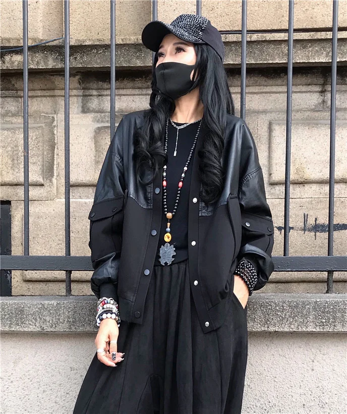 Amax luluE 2024 Spring Women Fashion Loose Vintage Faux Leather Cotton Jackets Ladies Luxury Punk Pu Coats Black Biker Outerwear