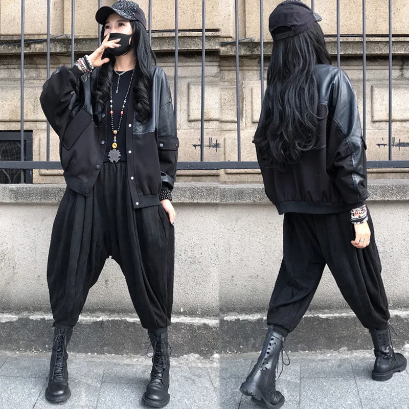 Amax luluE 2024 Spring Women Fashion Loose Vintage Faux Leather Cotton Jackets Ladies Luxury Punk Pu Coats Black Biker Outerwear