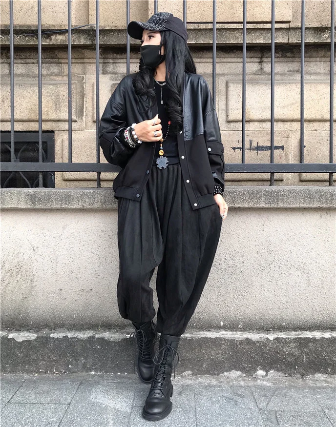Amax luluE 2024 Spring Women Fashion Loose Vintage Faux Leather Cotton Jackets Ladies Luxury Punk Pu Coats Black Biker Outerwear