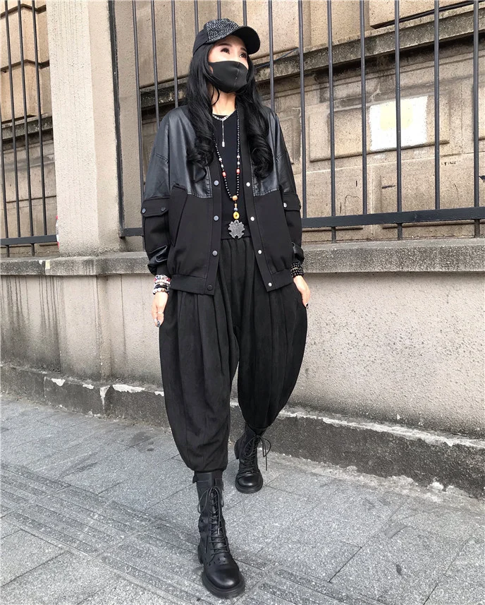Amax luluE 2024 Spring Women Fashion Loose Vintage Faux Leather Cotton Jackets Ladies Luxury Punk Pu Coats Black Biker Outerwear