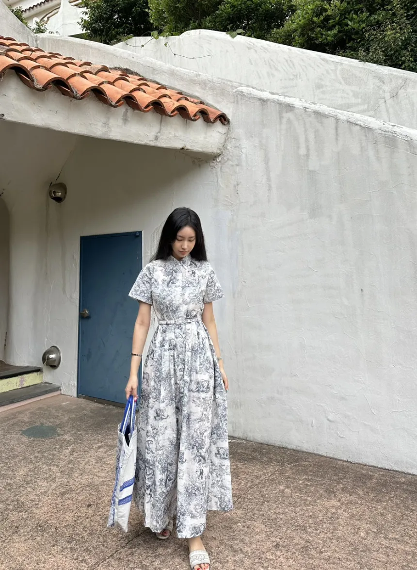 Blue Vintage Printed Dress Women Summer Single-breasted Dresses Female with Lace-up Turn-down Neck Business Clothing Ladies