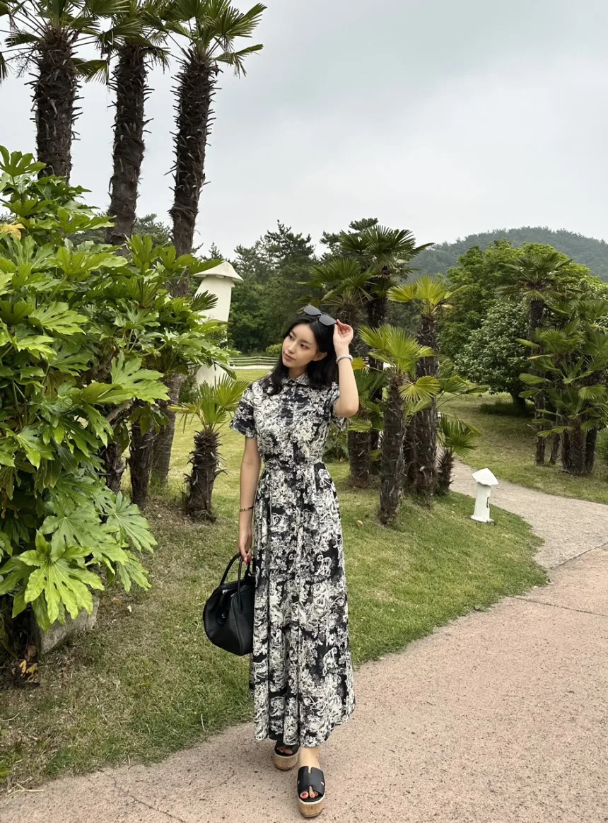 Blue Vintage Printed Dress Women Summer Single-breasted Dresses Female with Lace-up Turn-down Neck Business Clothing Ladies