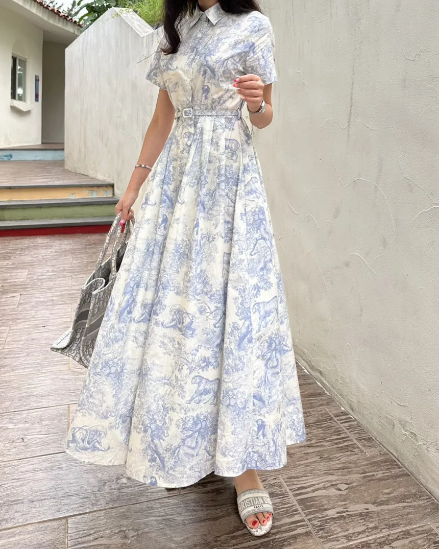 Blue Vintage Printed Dress Women Summer Single-breasted Dresses Female with Lace-up Turn-down Neck Business Clothing Ladies