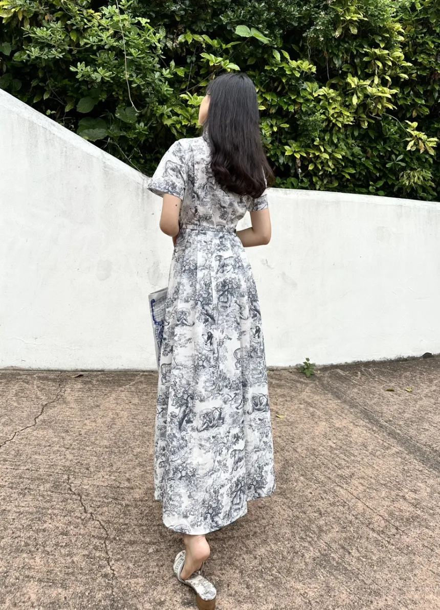 Blue Vintage Printed Dress Women Summer Single-breasted Dresses Female with Lace-up Turn-down Neck Business Clothing Ladies