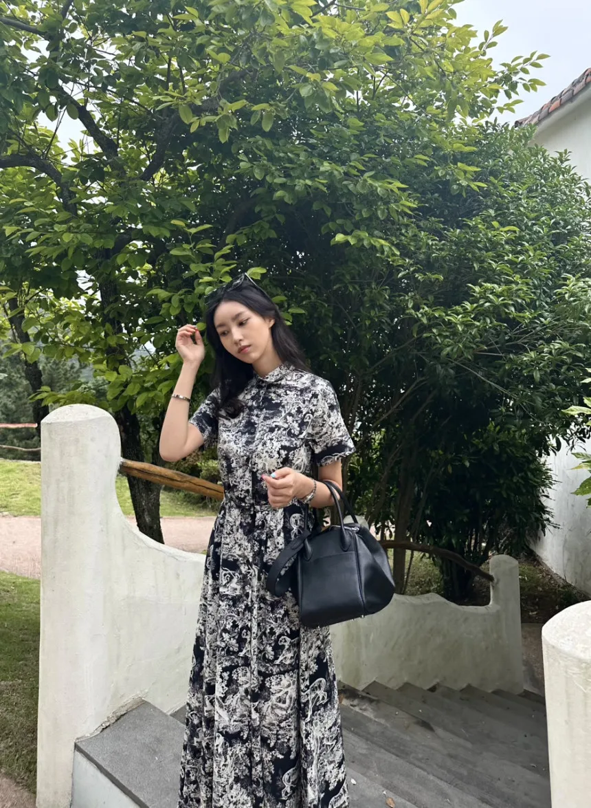 Blue Vintage Printed Dress Women Summer Single-breasted Dresses Female with Lace-up Turn-down Neck Business Clothing Ladies