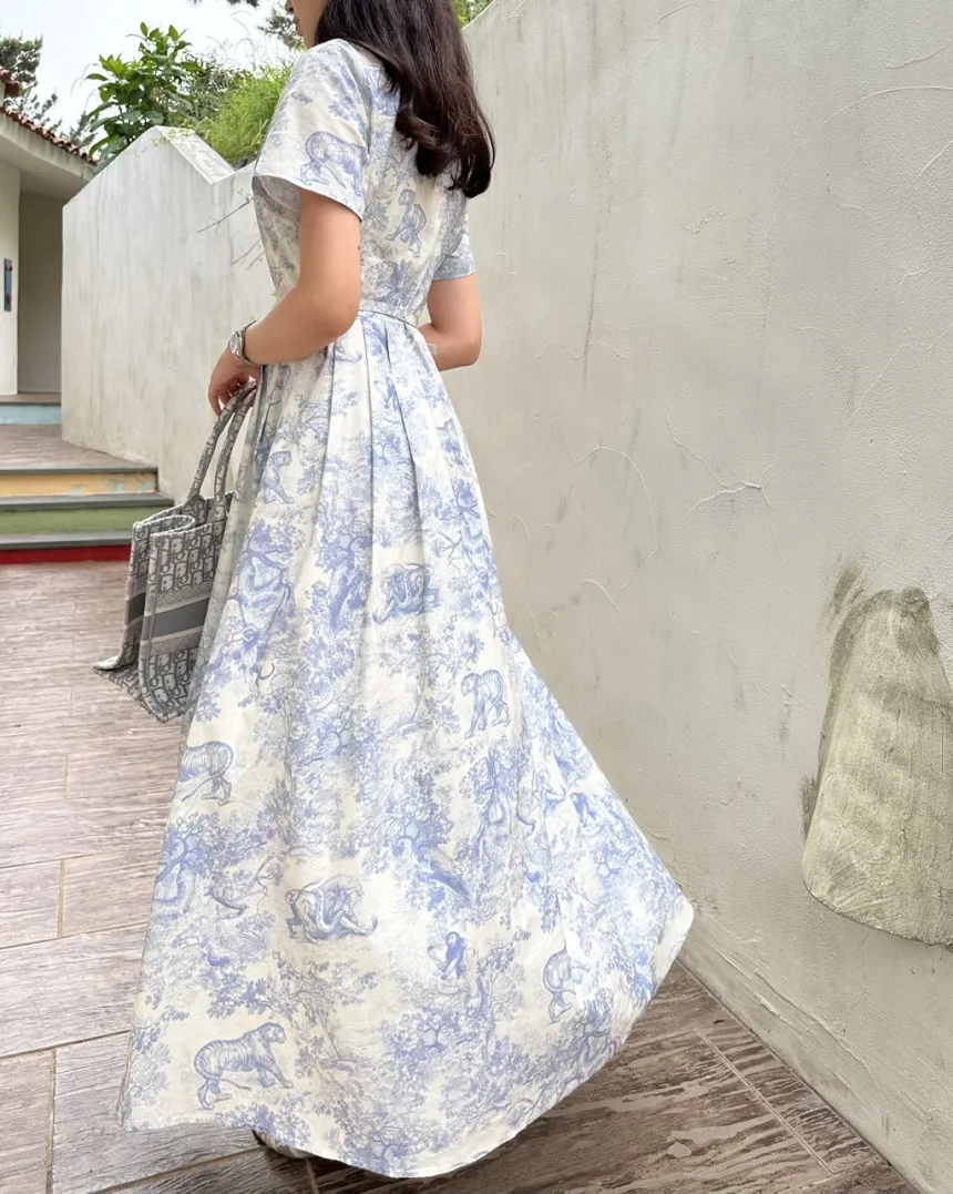 Blue Vintage Printed Dress Women Summer Single-breasted Dresses Female with Lace-up Turn-down Neck Business Clothing Ladies