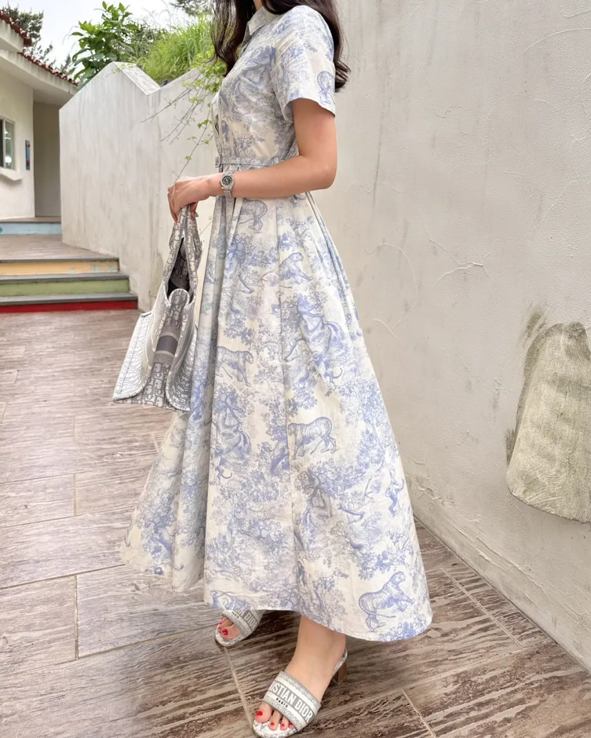 Blue Vintage Printed Dress Women Summer Single-breasted Dresses Female with Lace-up Turn-down Neck Business Clothing Ladies