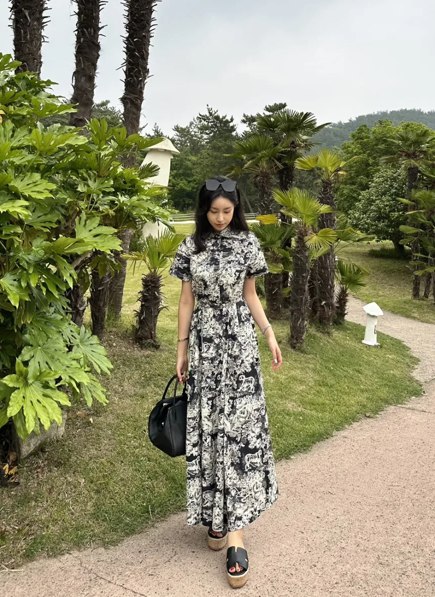 Blue Vintage Printed Dress Women Summer Single-breasted Dresses Female with Lace-up Turn-down Neck Business Clothing Ladies