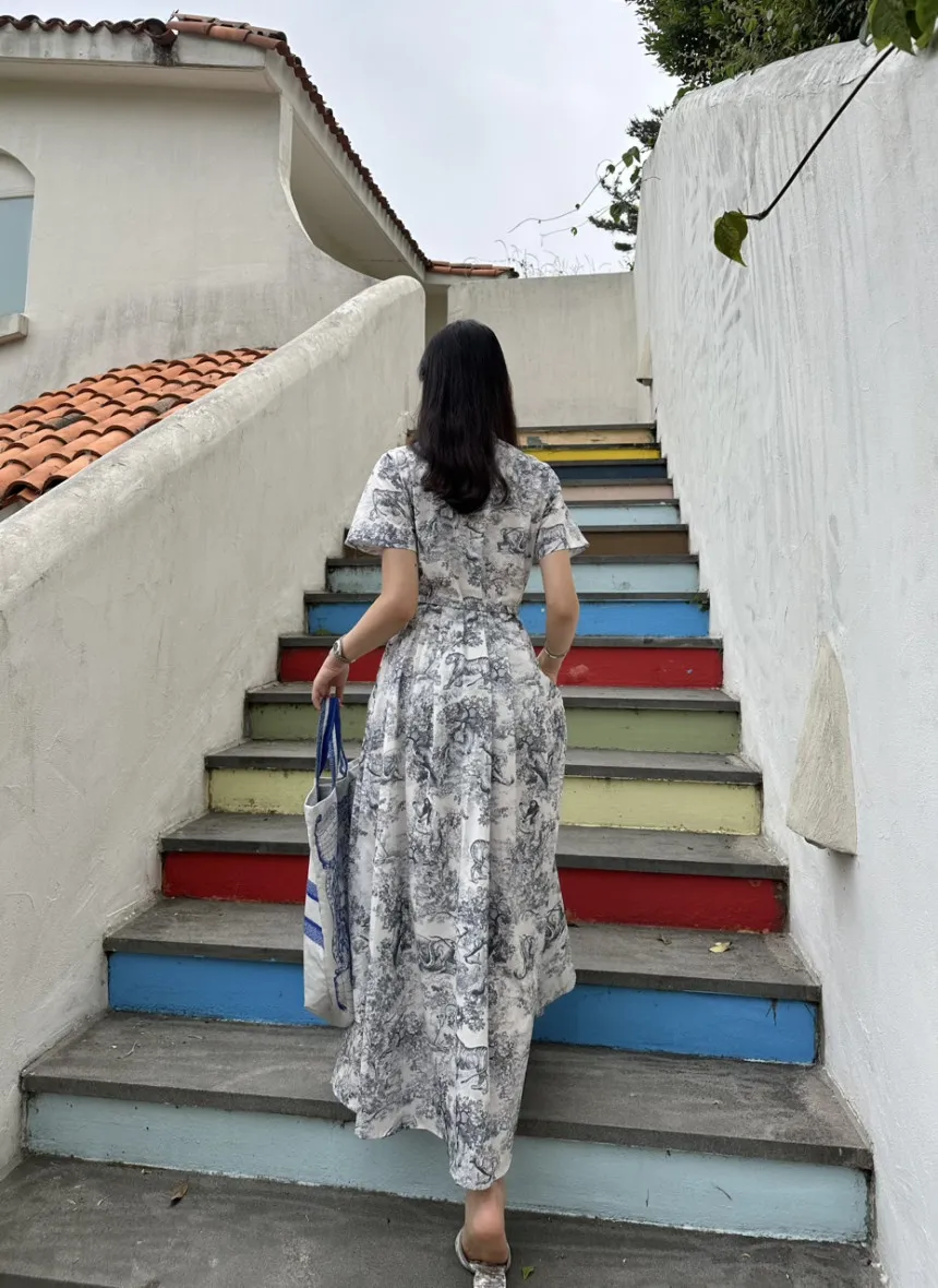 Blue Vintage Printed Dress Women Summer Single-breasted Dresses Female with Lace-up Turn-down Neck Business Clothing Ladies