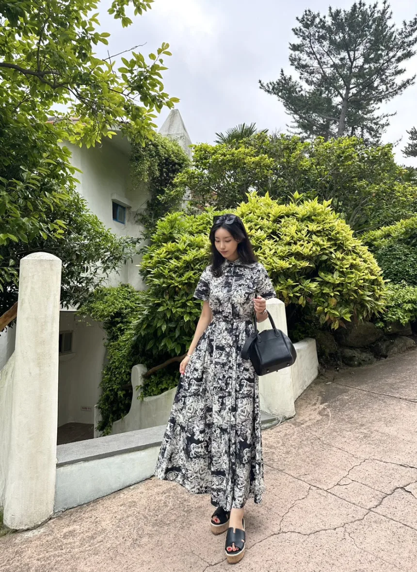 Blue Vintage Printed Dress Women Summer Single-breasted Dresses Female with Lace-up Turn-down Neck Business Clothing Ladies