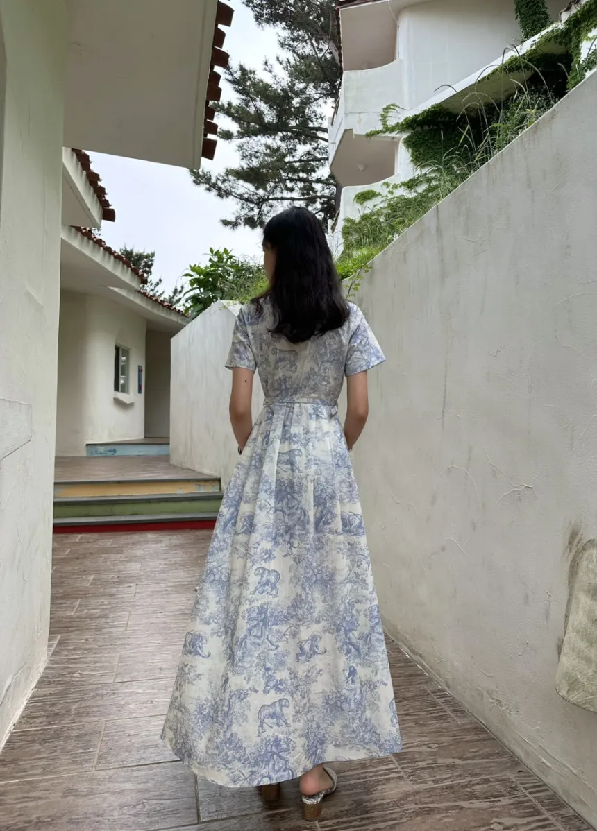 Blue Vintage Printed Dress Women Summer Single-breasted Dresses Female with Lace-up Turn-down Neck Business Clothing Ladies