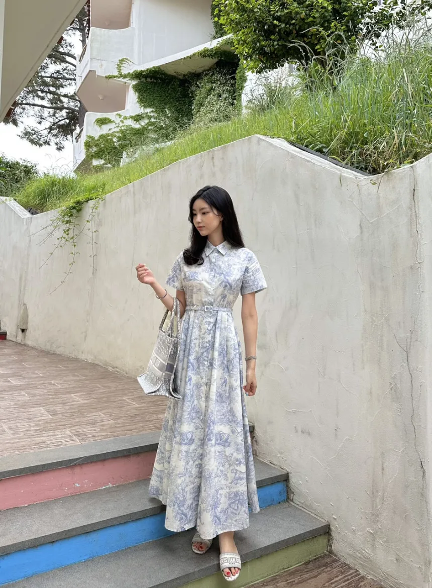 Blue Vintage Printed Dress Women Summer Single-breasted Dresses Female with Lace-up Turn-down Neck Business Clothing Ladies