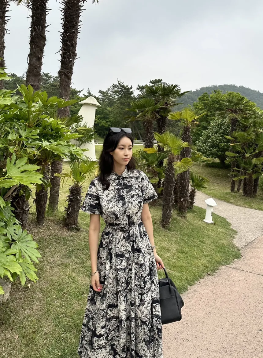 Blue Vintage Printed Dress Women Summer Single-breasted Dresses Female with Lace-up Turn-down Neck Business Clothing Ladies