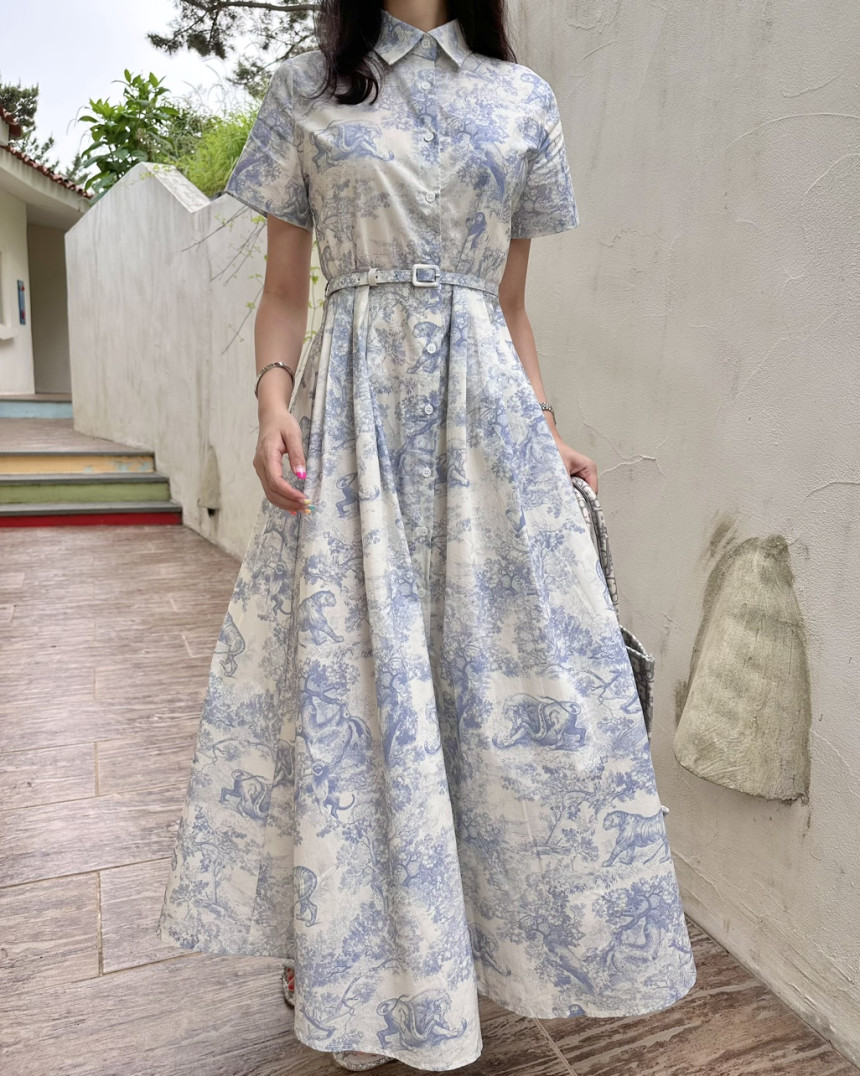 Blue Vintage Printed Dress Women Summer Single-breasted Dresses Female with Lace-up Turn-down Neck Business Clothing Ladies