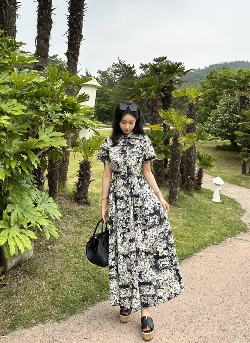 Blue Vintage Printed Dress Women Summer Single-breasted Dresses Female with Lace-up Turn-down Neck Business Clothing Ladies
