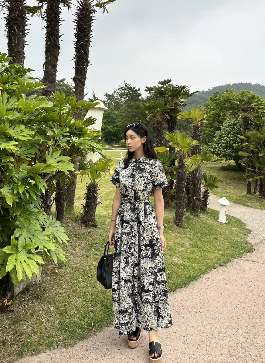 Blue Vintage Printed Dress Women Summer Single-breasted Dresses Female with Lace-up Turn-down Neck Business Clothing Ladies