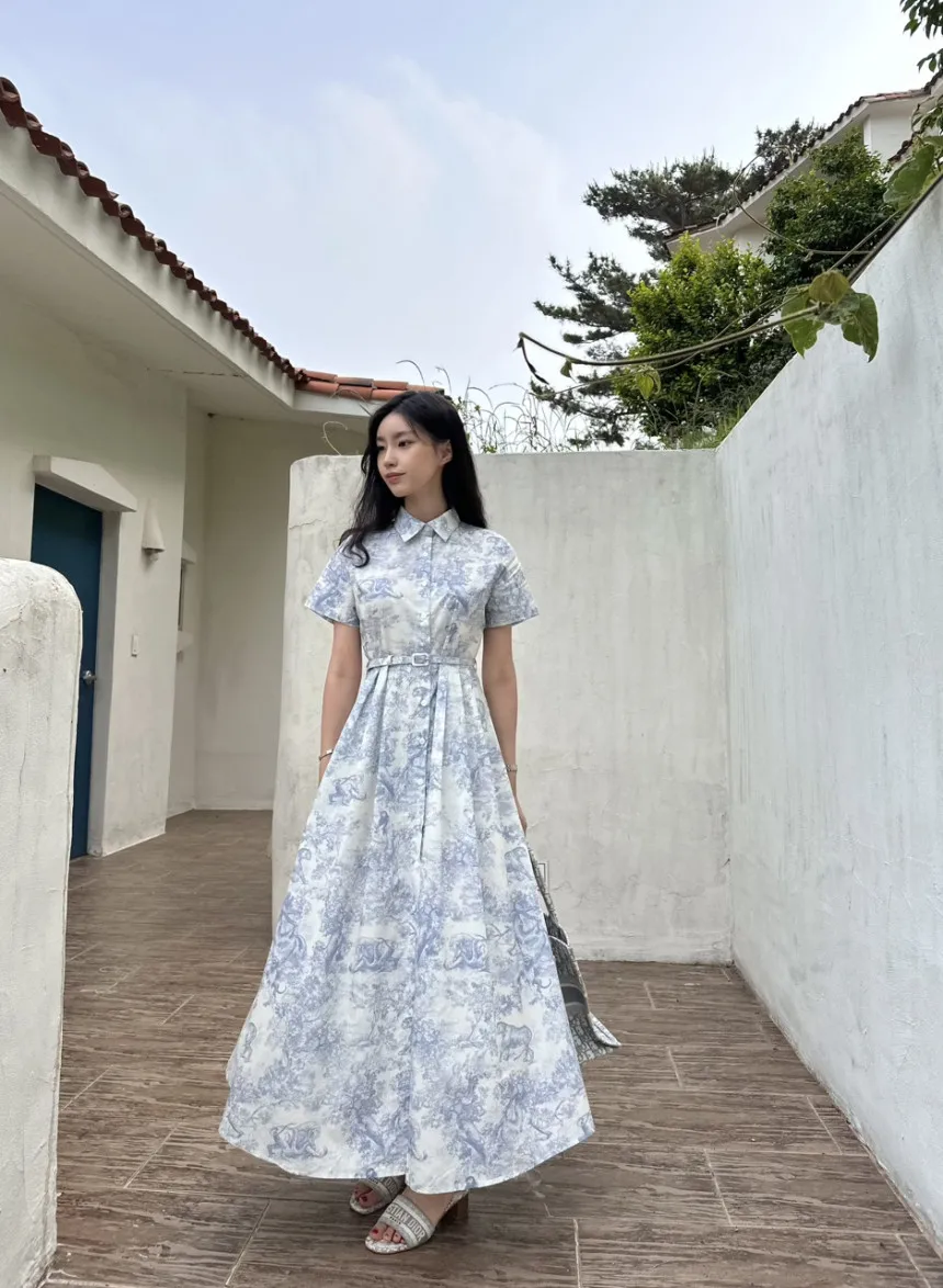 Blue Vintage Printed Dress Women Summer Single-breasted Dresses Female with Lace-up Turn-down Neck Business Clothing Ladies