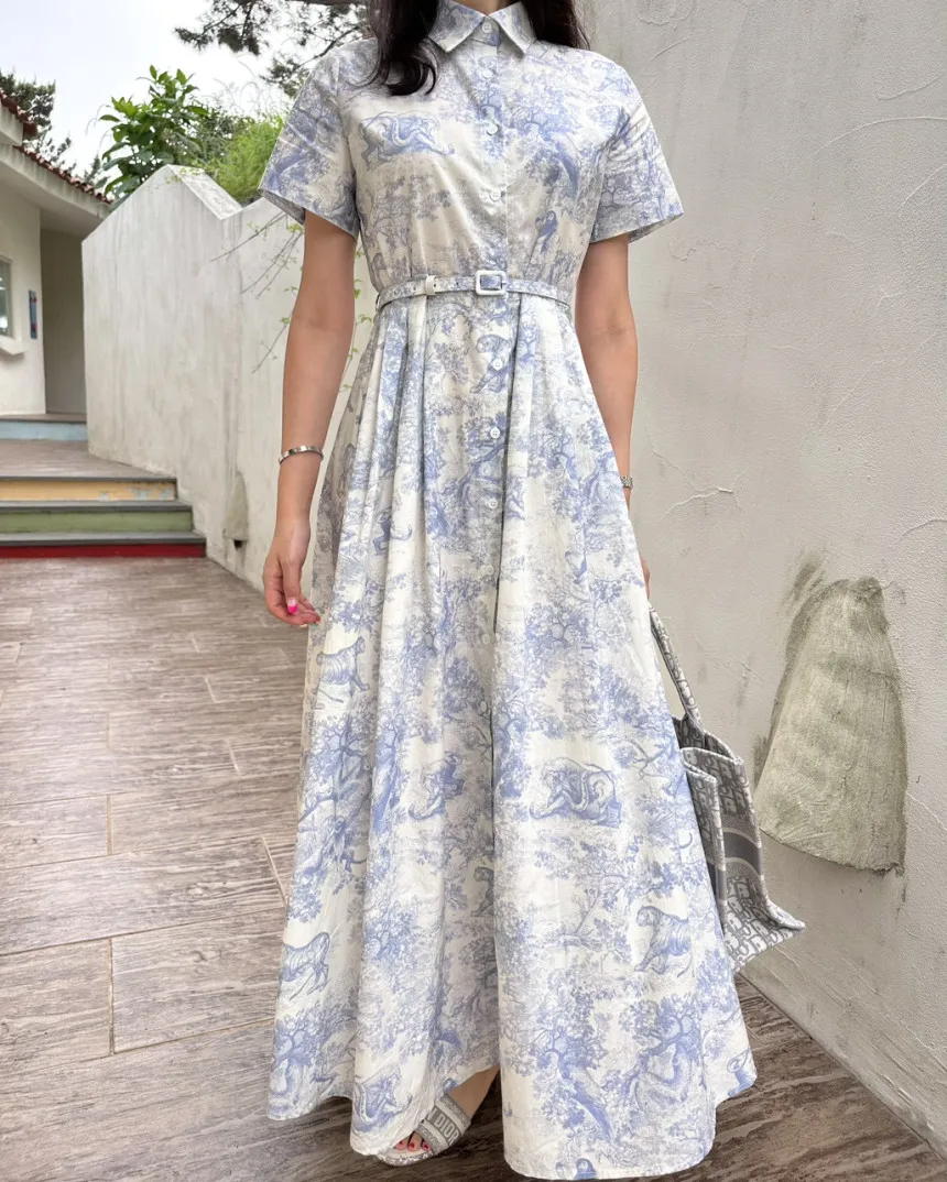 Blue Vintage Printed Dress Women Summer Single-breasted Dresses Female with Lace-up Turn-down Neck Business Clothing Ladies