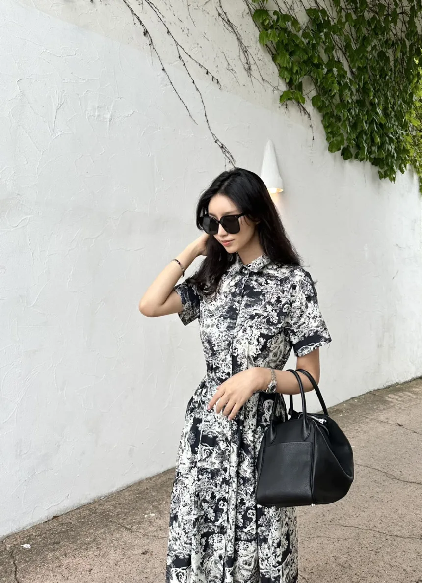 Blue Vintage Printed Dress Women Summer Single-breasted Dresses Female with Lace-up Turn-down Neck Business Clothing Ladies
