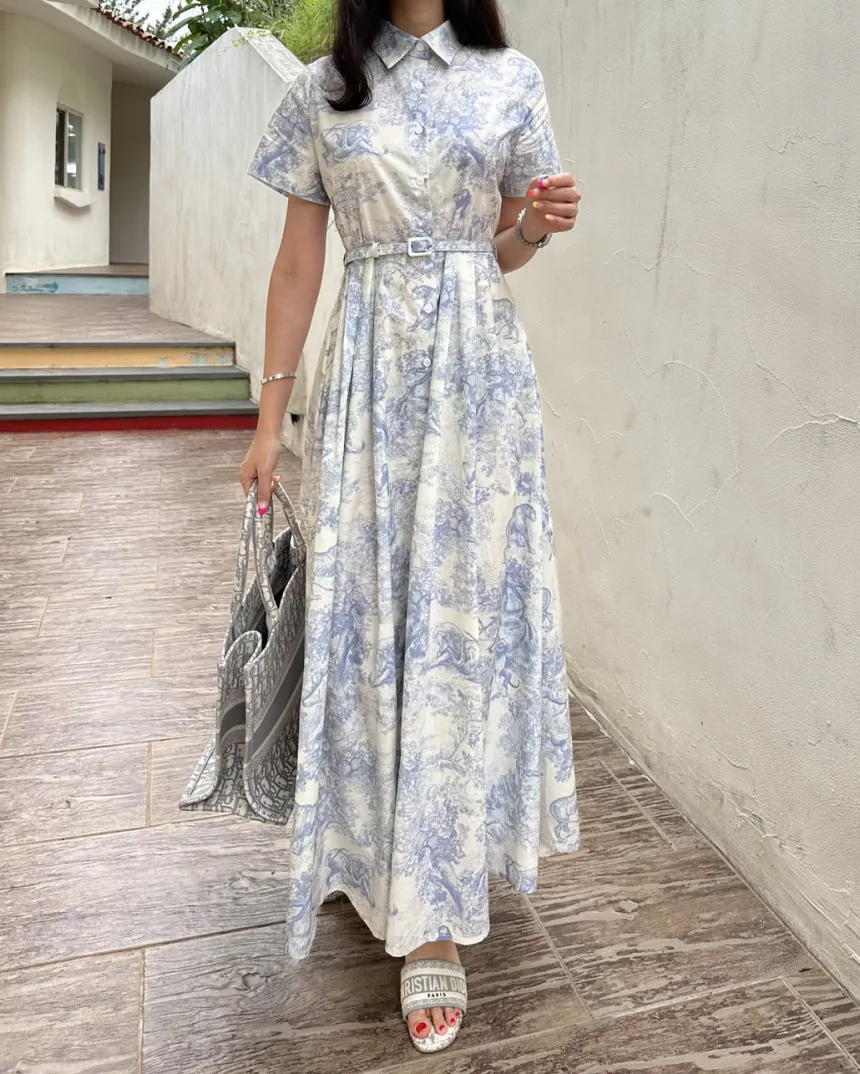 Blue Vintage Printed Dress Women Summer Single-breasted Dresses Female with Lace-up Turn-down Neck Business Clothing Ladies
