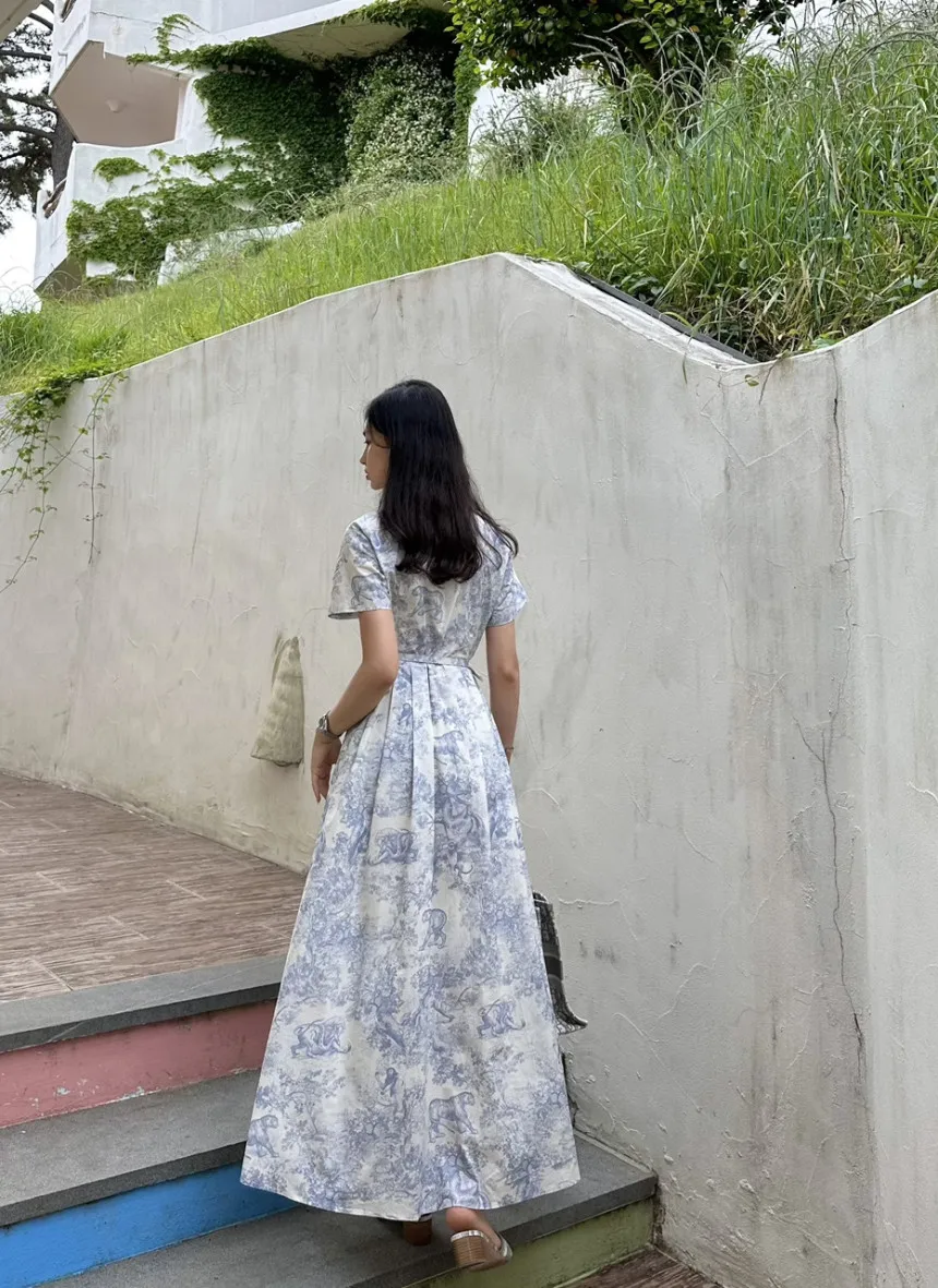 Blue Vintage Printed Dress Women Summer Single-breasted Dresses Female with Lace-up Turn-down Neck Business Clothing Ladies