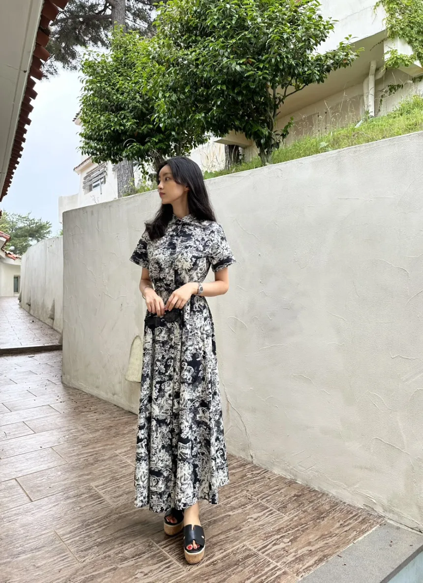 Blue Vintage Printed Dress Women Summer Single-breasted Dresses Female with Lace-up Turn-down Neck Business Clothing Ladies