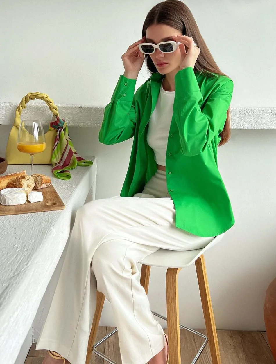 Women's Shirt Beautiful Cotton Oversized Candy Colors Shirts & Blouses Long SleevesSolid Green Blouses for Women Fashion 2026