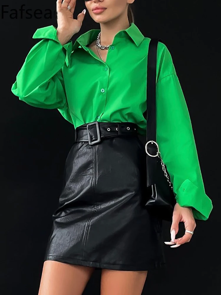 Women's Shirt Beautiful Cotton Oversized Candy Colors Shirts & Blouses Long SleevesSolid Green Blouses for Women Fashion 2026